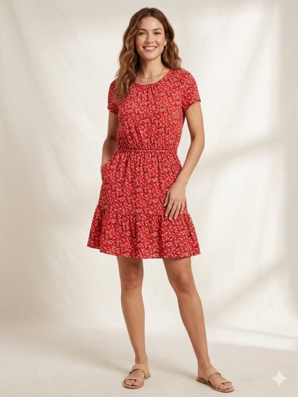 Banana Republic Red Ditsy Floral Tiered Ruffle Dress Size L Short Sleeve Summer